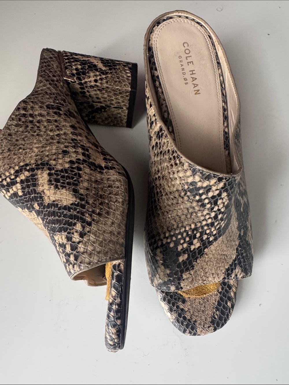 Cole Haan Snake-Print Open-Toe Mules in Beige and Black
